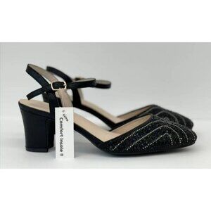 DE BLOSSOM / Gloria-10 / Womens Black Rhinestone Heeled Ankle Strap Sandals / Me
